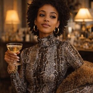 ZARA Brown Black Snake Print Stretch Turtleneck Going Out Top M